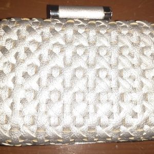 Silver genuine leather basket weave evening bag